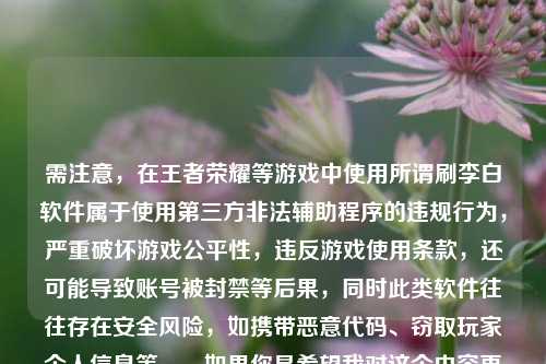 需注意,在王者荣耀等游戏中使用所谓刷李白软件属于使用第三方非法辅助程序的违规行为,严重破坏游戏公平性,违反游戏使用条款,还可能导致账号被封禁等后果,同时此类软件往往存在安全风险,如携带恶意代码、窃取玩家个人信息等。,如果你是希望我对这个内容再润色优化标题,以下标题可供参考,,小心!王者荣耀刷李白软件暗藏重重陷阱