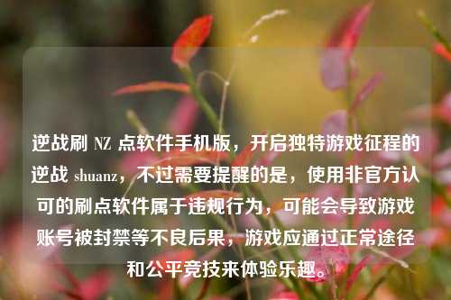 逆战刷 NZ 点软件手机版,开启独特游戏征程的逆战 shuanz,不过需要提醒的是,使用非官方认可的刷点软件属于违规行为,可能会导致游戏账号被封禁等不良后果,游戏应通过正常途径和公平竞技来体验乐趣。
